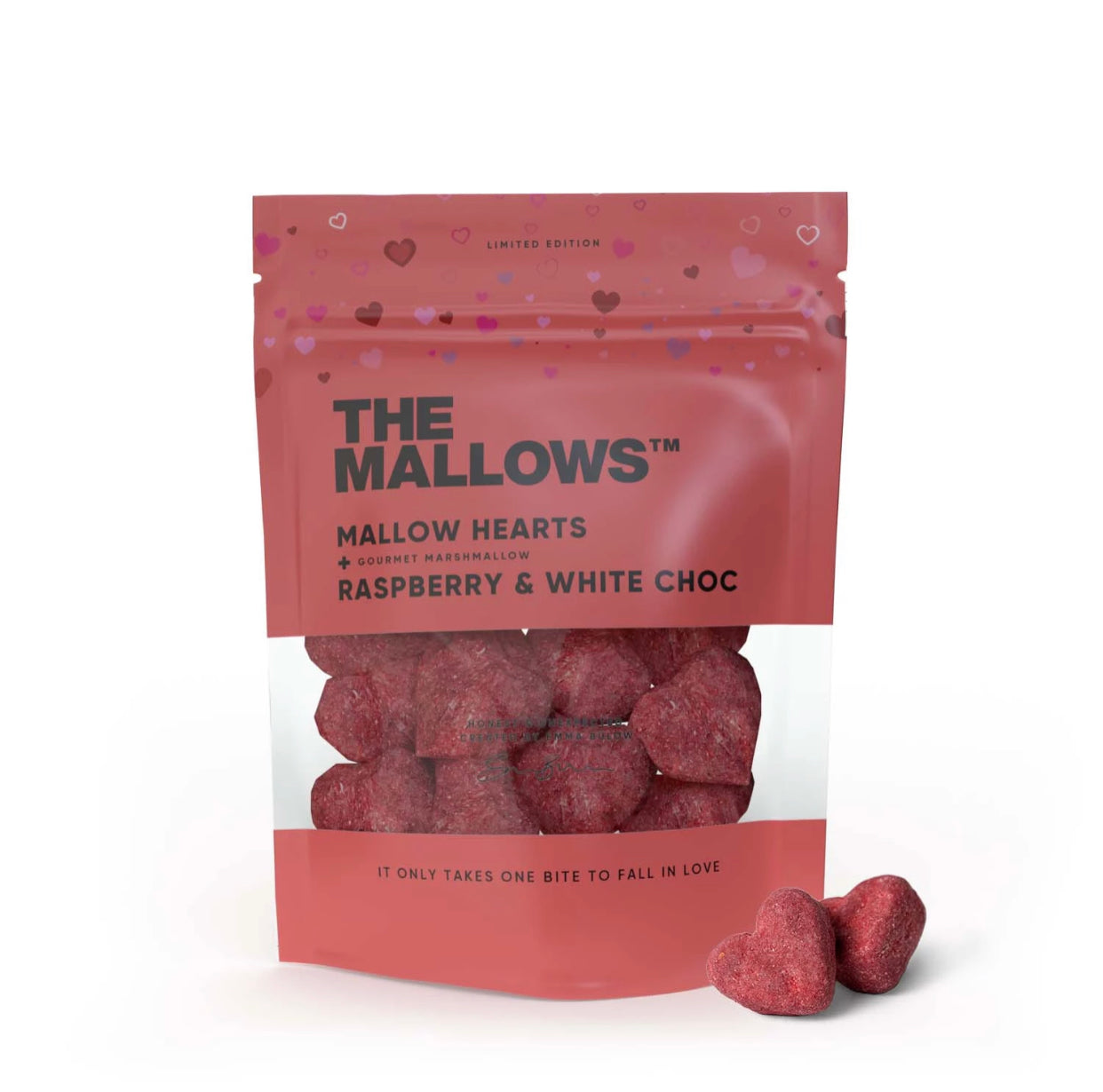 MALLOW HEARTS – SKUMFIDUSER MED HVID CHOKOLADE & HINDBÆR 90G fra The Mallows